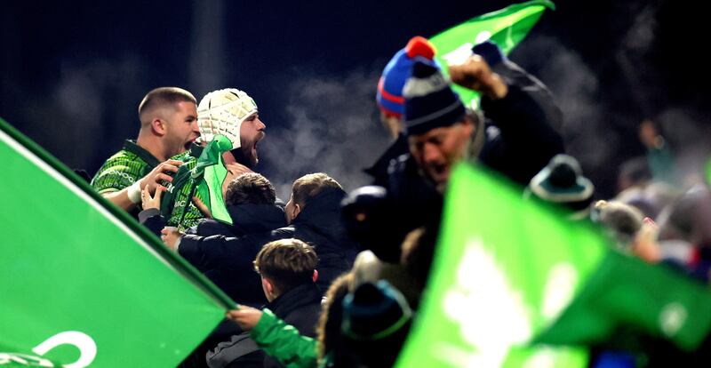 Connacht’s Mack Hansen celebrates with Diarmuid Kilgallen after he scored his side's third try. Photograph: James Crombie/Inpho