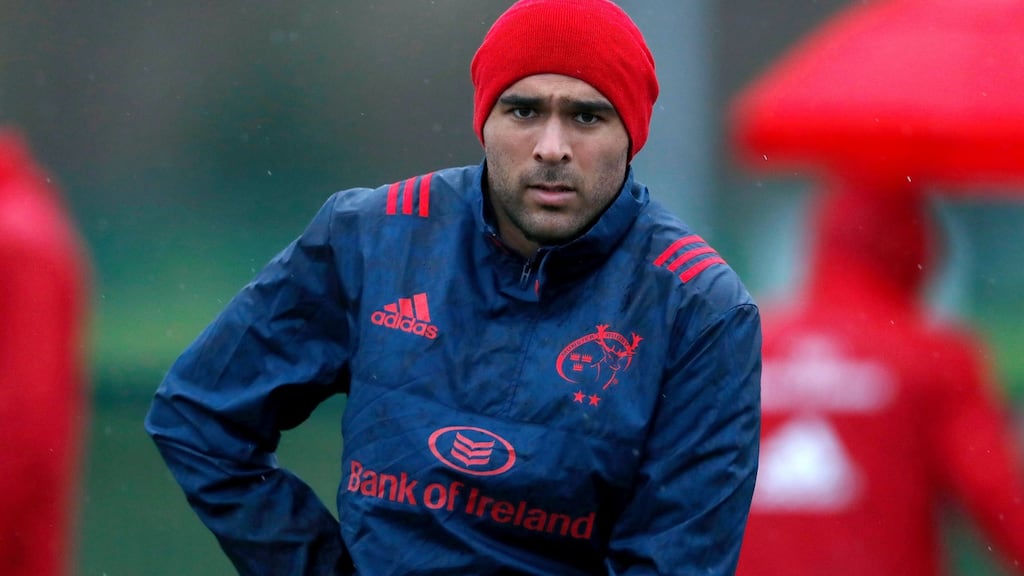 Simon Zebo during a Munster training session at UL on Tuesday. Photograph: Bryan Keane/Inpho