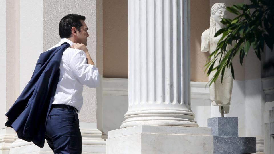 Greek prime minister Alexis Tsipras arrives at his office in Maximos Mansion in Athens non Monday. Photograph: Jean-Paul Pelissier/Reuters