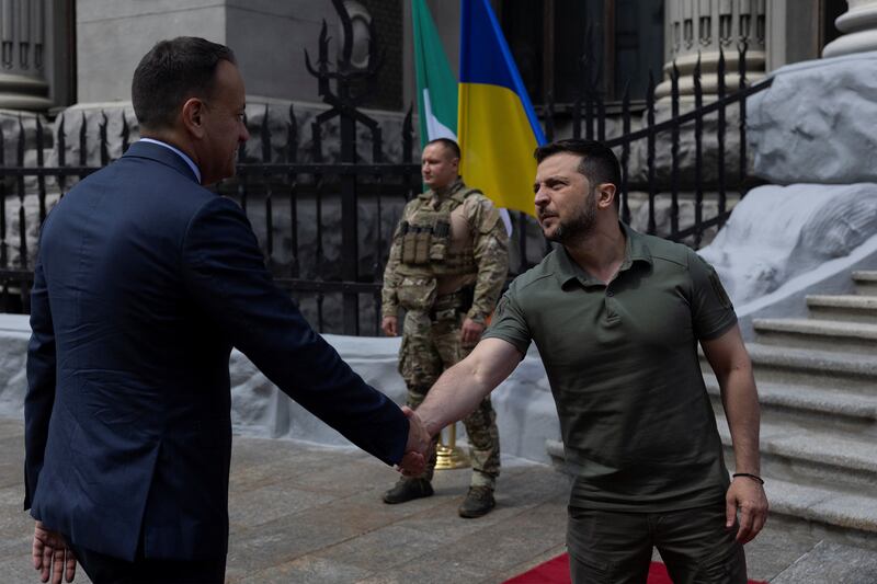 Taoiseach Leo Varadkar and Ukrainian president Volodymyr Zelenskiy, in Kyiv in July 2023. Photograph: Clodagh Kilcoyne/Pool/Getty Images