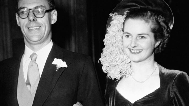 Margaret Thatcher’s wedding outfit – midnight blue velvet dress, blue velvet soft brimmed cap with a curled pink ostrich feather and a blue velvet muff – is estimated at £10,000-£15,000