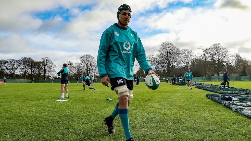 Ultan Dillane during Ireland training at Carton House in the build-up to the England Six nations opener. Photograph: Bryan Keane/Inpho