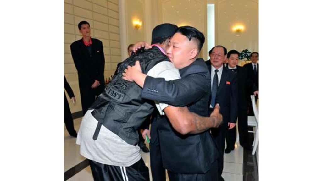 North Korean leader Kim Jong-Un and former NBA basketball player Dennis Rodman hug in Pyongyang in this picture released by North Korea's KCNA news agency. Photograph: KCNA/Reuters.