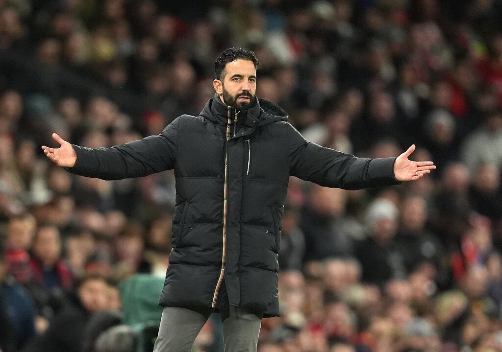 Manchester United manager Ruben Amorim gestures during the Premier League game against Newcastle United at Old Trafford. Photograph: Martin Rickett/PA Wire