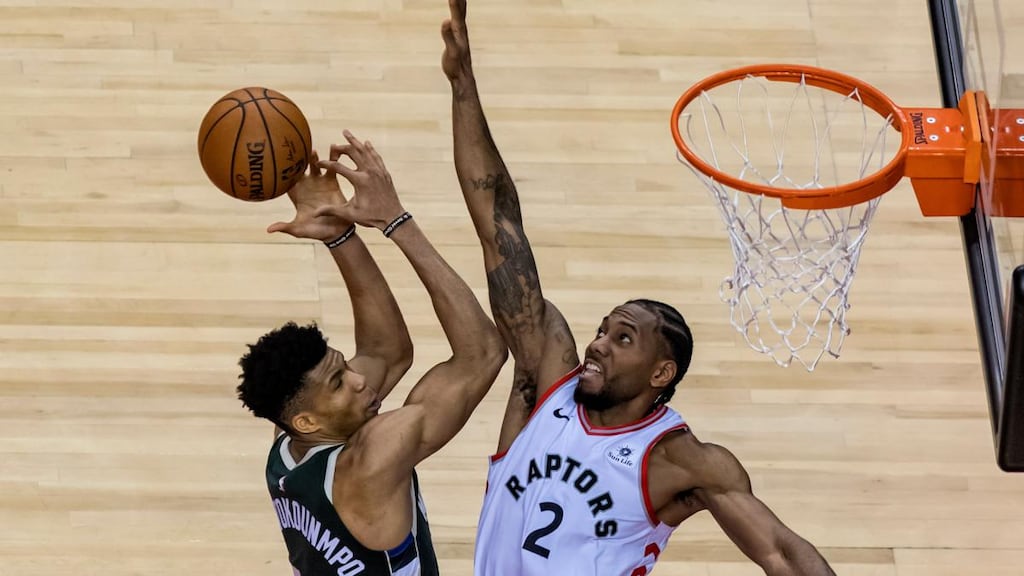 Toronto Raptors forward Kawhi Leonard blocks Milwaukee Bucks’ Giannis Antetokounmpo during Game 3 of the Eastern Conference finals. Photograph: Warren Toda/EPA