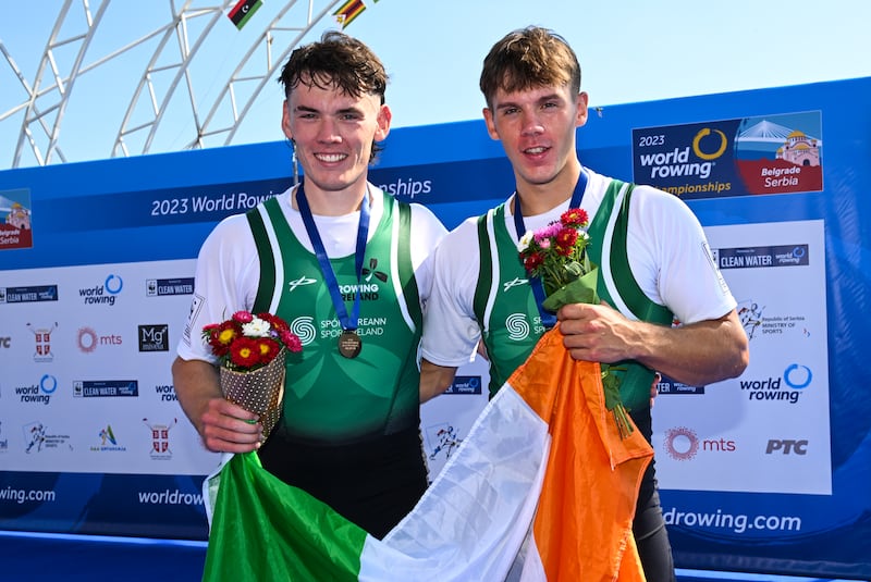 Ross Corrigan and Nathan Timoney after winning bronze at the 2023 World Champiionships in Belgrade. Photograph: Detley Seyb/Inpho