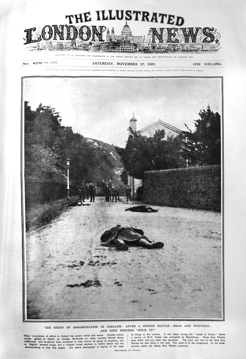 The cover of the Illustrated London News showing the Tralee “battle” in November 1920. TheDublin Castle press officers had staged the event, using auxiliaries, some dressed as civilians, at Vico Road, Killiney, Co Dublin. Pathé also filmed the fictional encounter