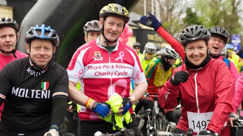 Taoiseach Enda Kenny with Minister of State for Training and Skills Ciarán Cannon and Minister of State for European Affairs Lucinda Creighton taking part in the Mayo Pink Ribbon Charity Cycle in Castlebar. Photograph: Keith Heneghan/Phocus.