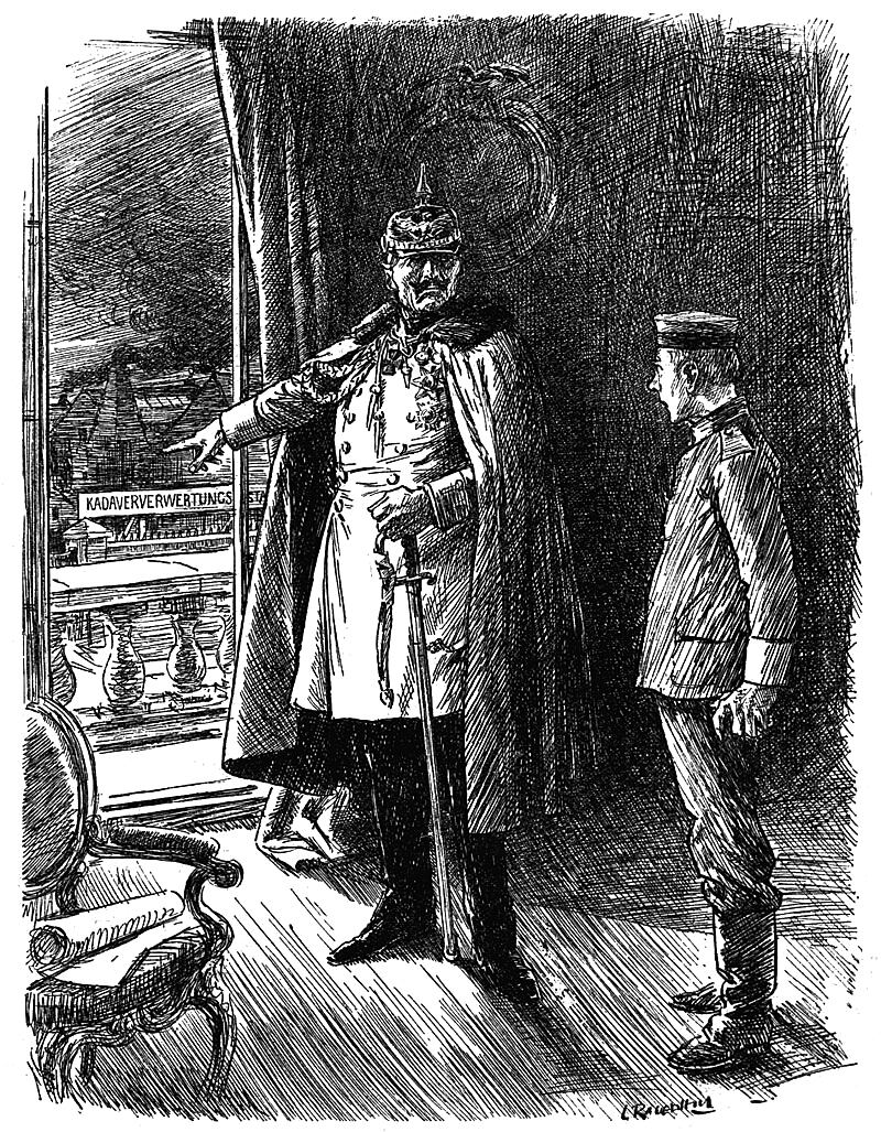 A Punch cartoon where the Kaiser shows a new recruit the Corpse Factory, saying ‘your Kaiser will find a use for you - alive or dead’