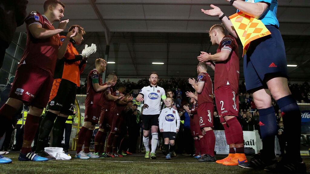 Galway players applaud the Dundalk team onto the pitch after Stephen Kenny’s side won their second consecutive title last week. Photo: Donall Farmer/Inpho