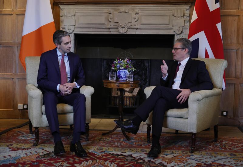 Keir Starmer, UK prime minister, and Taoiseach Simon Harris speak during a bilateral meeting on Wednesday. Photograph: Neil Hall/EPA/Bloomberg