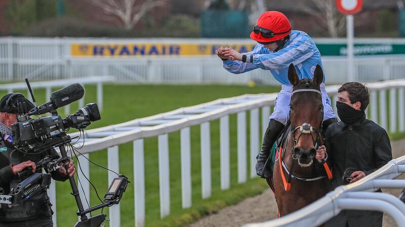 Rachael Blackmore celebrates her victory on Telmesomethinggirl at Chektenham. Photograph: Mark Cranham/Inpho