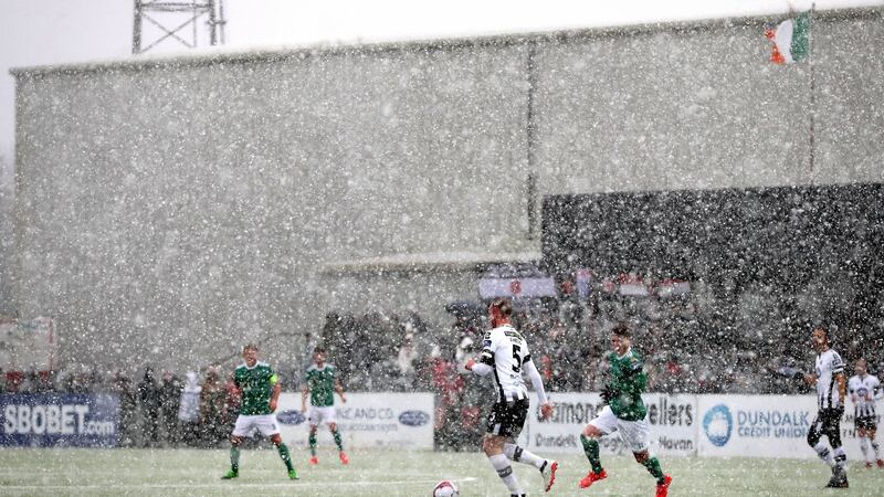 Dundalk’s Chris Shields on the ball when conditions got pretty bad. Photo: Ryan Byrne/Inpho