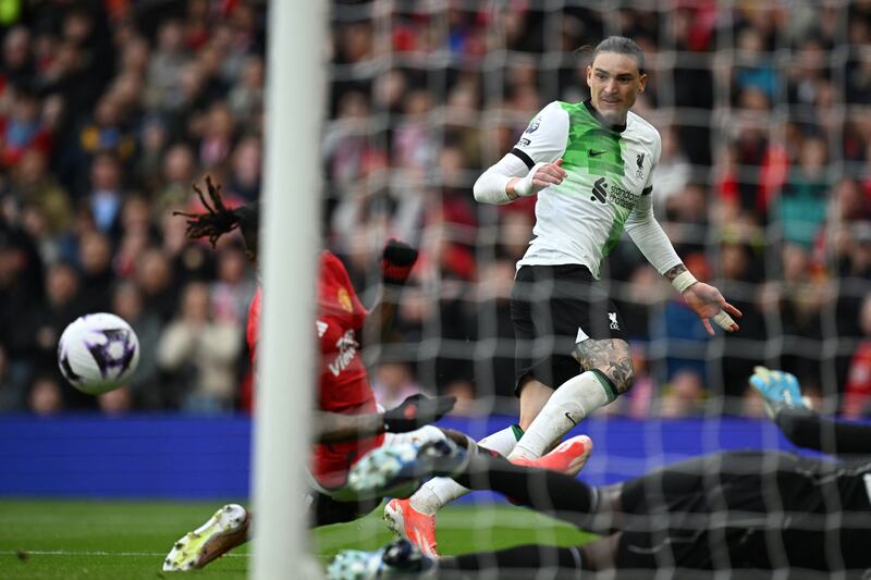 Liverpool's Darwin Nuñez shoots wide during the English Premier League football match between Manchester United and Liverpool at Old Trafford. Photograph: Paul Ellis/AFP via Getty Images