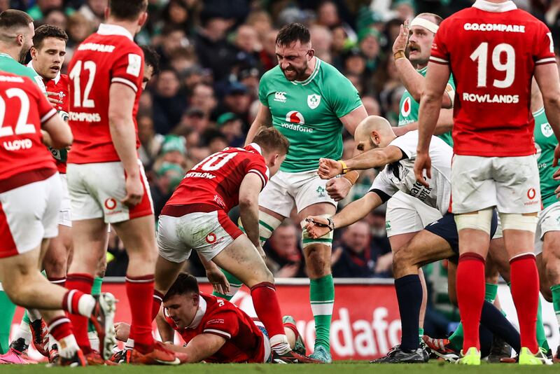 Ireland’s Jack Conan celebrate a penalty call during the victory over Wales at the Aviva Stadium. Photograph: Ben Brady/Inpho