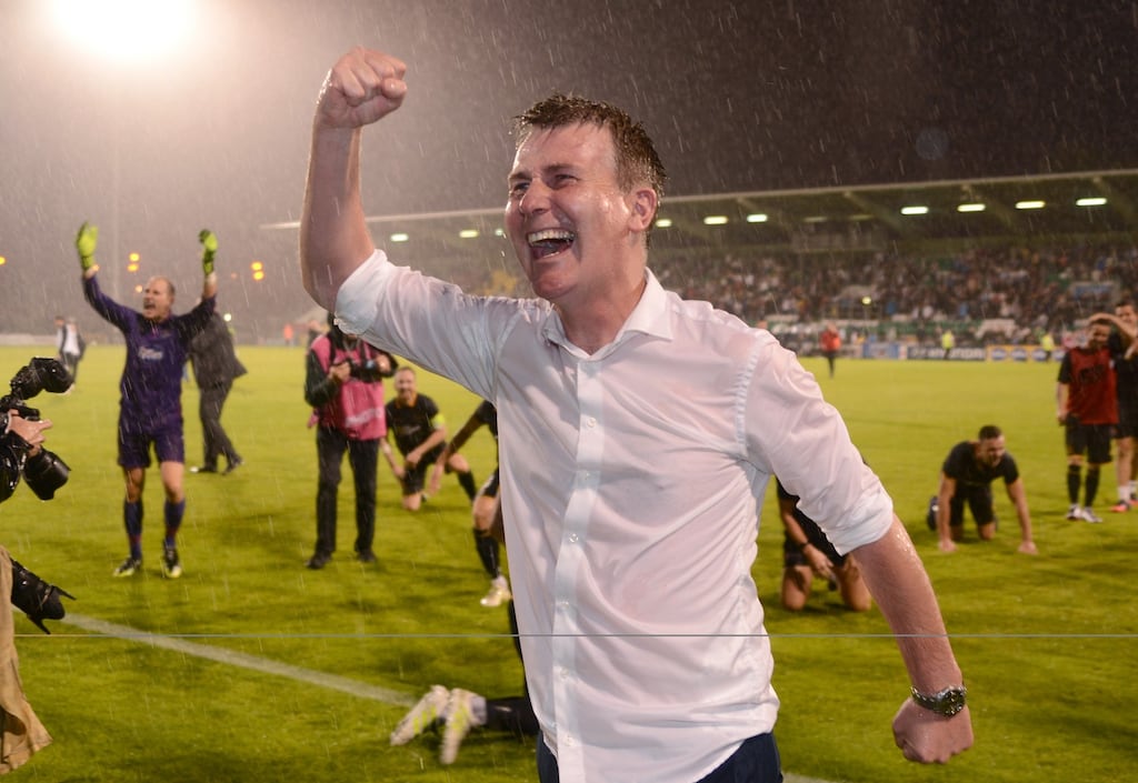 Dundalk’s Manager Stephen Kenny celebrates the win after the game. Photograph: Ciaran Culligan/Inpho