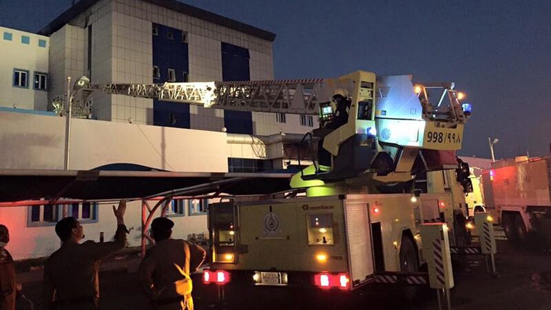 A handout picture made available by Saudi Arabia’s Directorate of Civil Defence shows emergency service vehicles at the scene of a fire at the Jazan General Hospital. Photograph: EPA/Saudi Civil Defence.