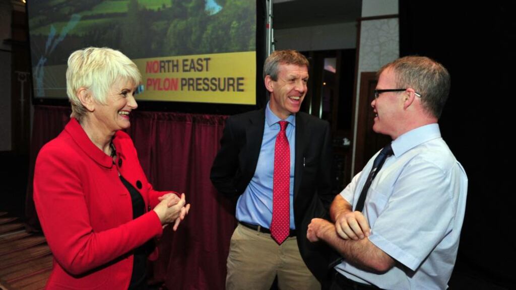 Marion Harkin and Padraig O’Reilly, both from the North East Pylon Pressure group, with Peadar Tóibín of Sinn Féin (right) at a meeting held in the Knightstbrook Hotel, Trim, Co Meath, last night.