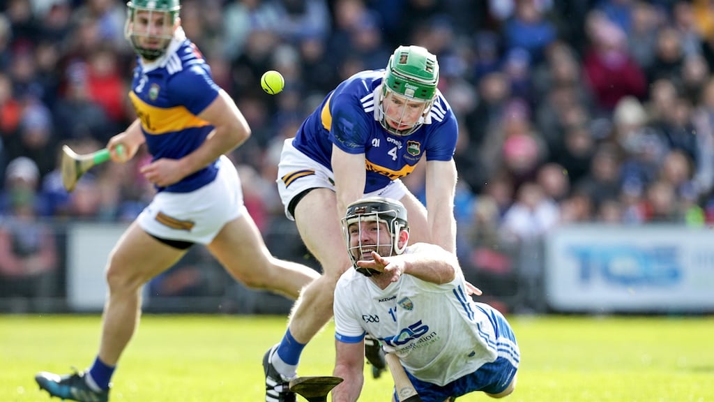 Waterford’s Patrick Curran in action against Brian McGrath of Tipperary during the Allianz Hurling League Division 1B game at  Walsh Park. Photograph:  Laszlo Geczo/Inpho