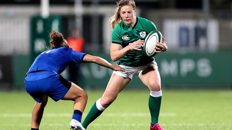 Ireland’s Lauren Delany in action against Italy’s Aura Muzzo during the Women’s Six Nations match at Energia Park, Donnybrook last October. Photograph: Laszlo Geczo/Inpho