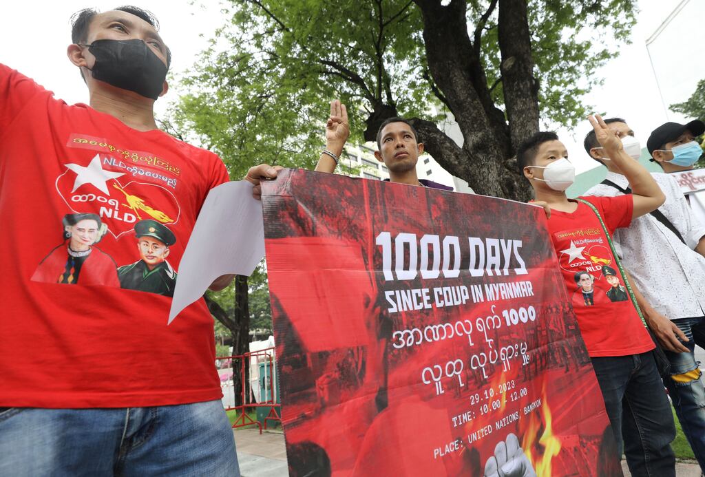 Demonstrators from Myanmar flash a three-finger salute during a protest in Bangkok, Thailand, held to mark 1,000 days since the 2021 coup. Photograph: Shutterstock