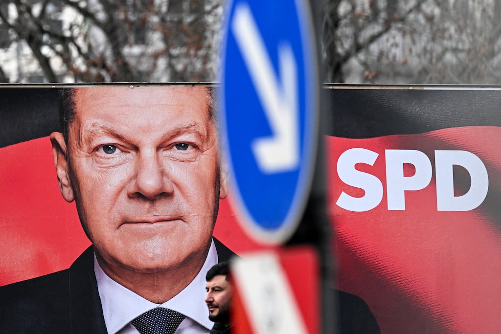 An election campaign poster featuring a portrait of German Chancellor Olaf Scholz, the main candidate for the Social Democratic Party (SPD) in Frankfurt am Main, western Germany ahead of parliamentary elections due to take place on February 23. Photograph: Getty