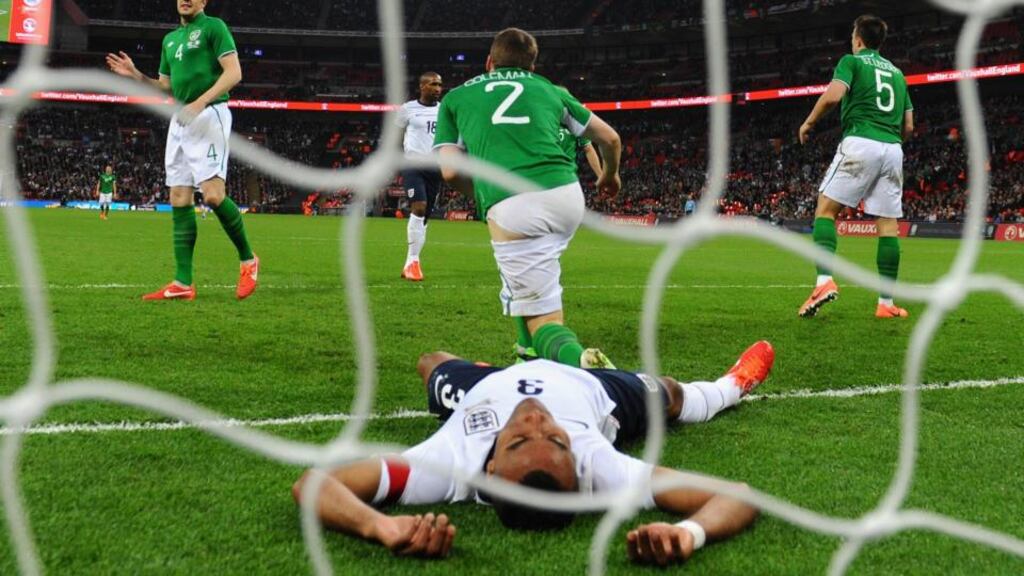 England defender Ashley Cole is despondent after a missed chance during Wednesday night’s friendly international against the Republic of Ireland at Wembley Stadium. Photograph: Mike Hewitt/Getty Images