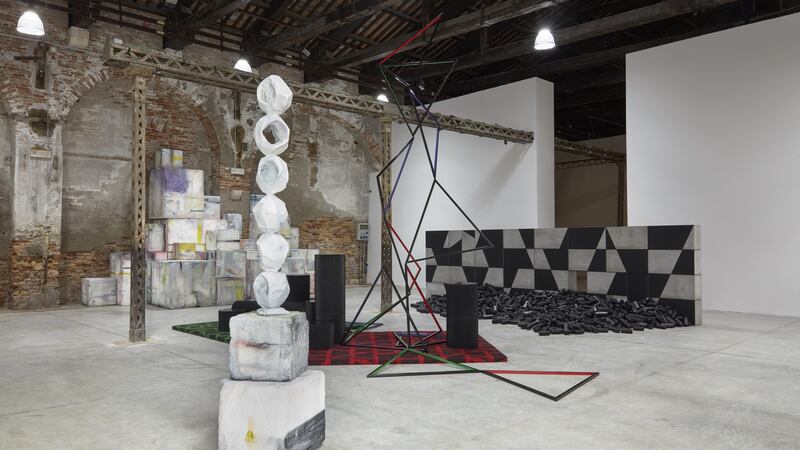 Eva Rothschild, The ShrinkingUniverse (installation view, with Spektor, foreground), Irish Pavilion, Biennale Arte 2019. Photograph: Robert Glowacki