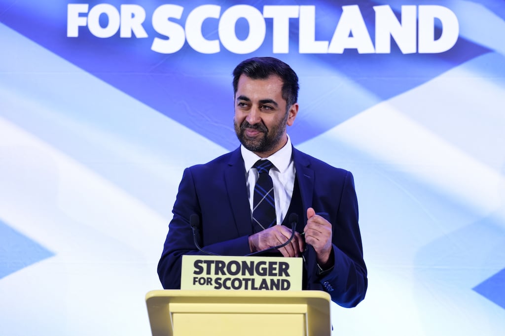 Humza Yousaf, speaks after being announced as the new leader of the Scottish National Party (SNP) at Murrayfield stadium in Edinburgh on Monday. Photograph: Heather Yates/Bloomberg