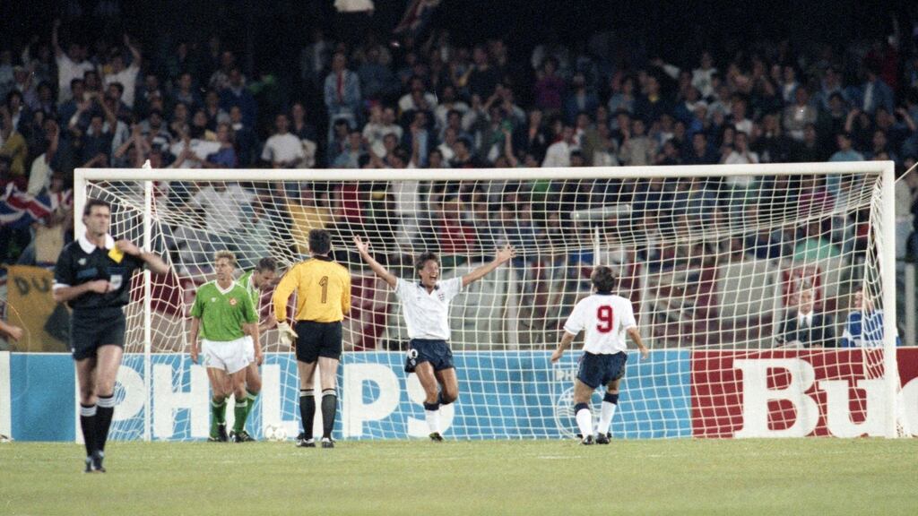 England’s Gary Lineker celebrates scoring England’s opening goal against the Republic of Ireland in their 1990 World Cup match, one the striker remembers for a particularly  embarrassing moment. Photograph: Billy Stickland/Inpho