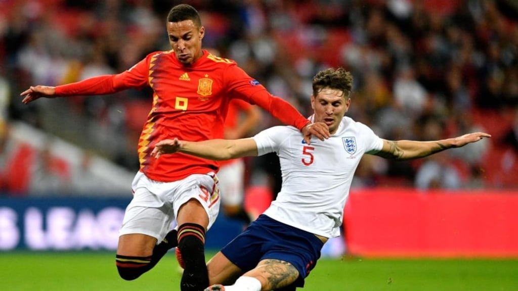 Spain’s Rodrigo and England’s John Stones fight for the ball during Saturday’s Nations League match at Wembley Stadium. Photograph: EPA/Neil Hall