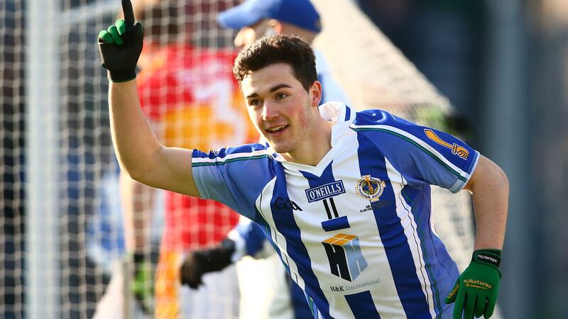 Ballyboden St Enda’s Colm Basquel celebrates scoring the opening goal in the AIB Club SFC Final against Castlebar Mitchels at Croke Park. Photograph: Cathal Noonan/Inpho