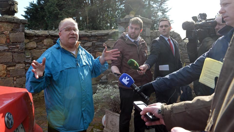 John Martin of The Land League speaking to members of the media, at the entrance to Gorse Hill, the home of the O’Donnell family on Vico Road, Dalkey. Photograph: Eric Luke / The Irish Times