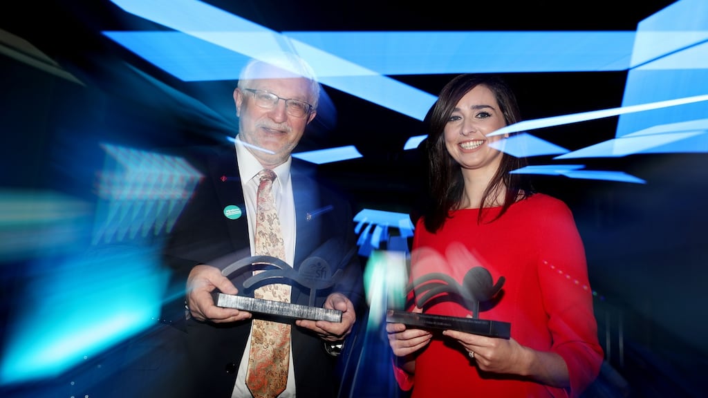 Researcher of the Year award-winner Prof Mike Zaworotko and Dr Aoibhinn Ní Shúilleabháin, winner of the Outstanding Contribution to STEM Communication award at the 2017 Science Foundation Ireland Awards. Photograph: Jason Clarke