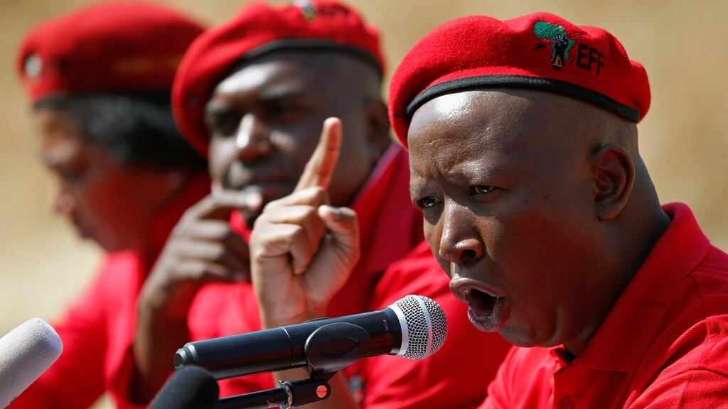 Julius Malema, leader of South Africa’s Economic Freedom Fighters, at a media briefing in Alexander township on Wednesday. Photograph: Siphiwe Sibeko/Reuters