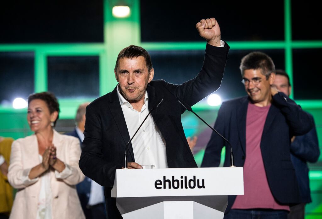 Arnaldo Otegi, secretary general of the Basque pro-independence alliance of parties EH Bildu, raises his fist at the end of a press conference at the EH-Bildu headquarters in San Sebastian after Spain's general election on July 23th, 2023. Photograph: Getty Images