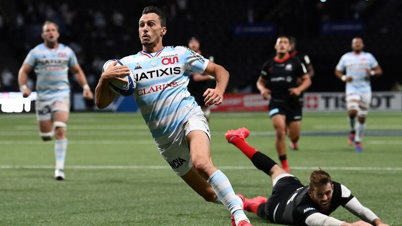 Racing’s Argentinian left winger Juan Imhoff on his way to scoring a try during the Champions Cup semi-final against Saracens on Saturday. Photograph: Getty