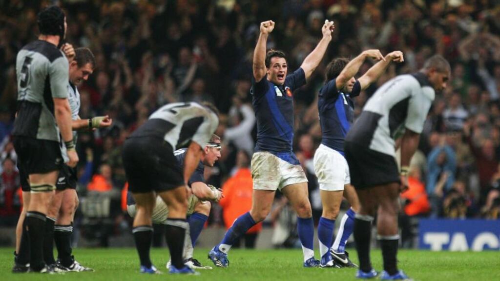 Yannick Jauzion of France celebrates as the final whistle signals his team’s victory in the Quarter Final of the Rugby World Cup 2007 match between New Zealand and France at the Millennium Stadium, Cardiff. Photo: Laurence Griffiths/Getty Images