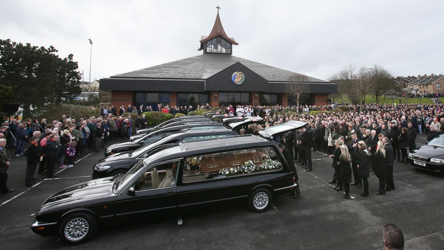 Hearses arrive at the Holy Family church, Ballymagroarty, Derry for the funeral of the five people who were killed when their car slid off a slipway in Buncrana, Co Donegal. Photograph: Brian Lawless/PA Wire