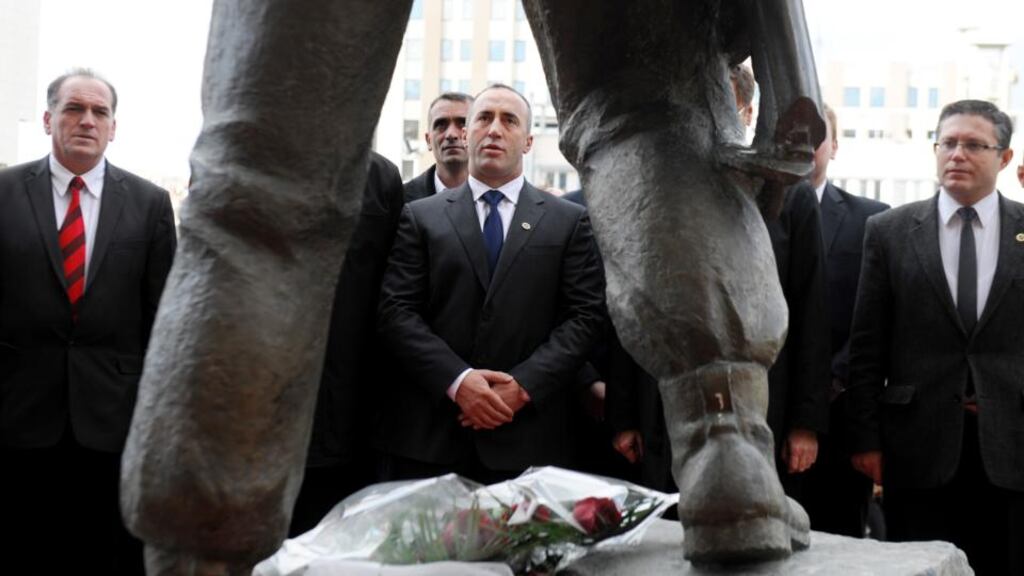 Former prime minister: Ramush Haradinaj (centre) was acquitted twice by the criminal tribunal for the former Yugoslavia. Photograph: Armend Nimani/ AFP/Getty