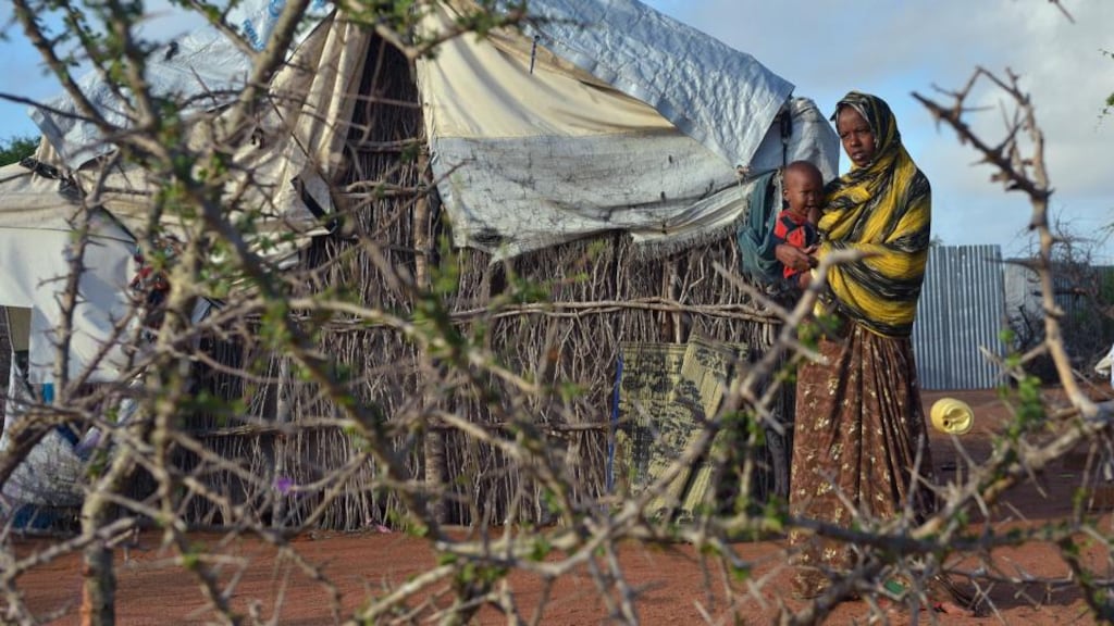 Displaced: a Somali refugee with her child at their thorn-tree hut in Dadaab. Photograph: Tony Karumba/AFP/Getty