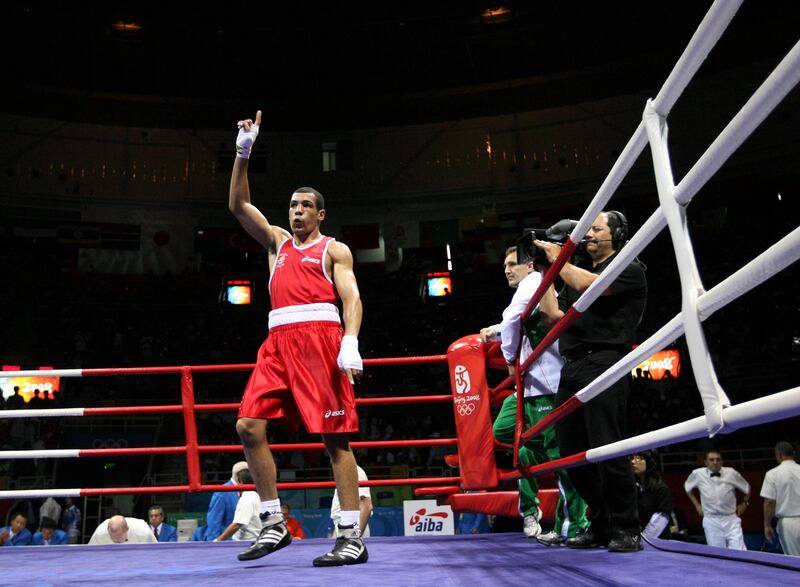 Darren Sutherland celebrates winning his fight against Algeria's Nabil Kassel at the Beijing Workers Gymnasium during the 2008 Beijing Olympics. Photograph: Lorraine O'Sullivan/Inpho