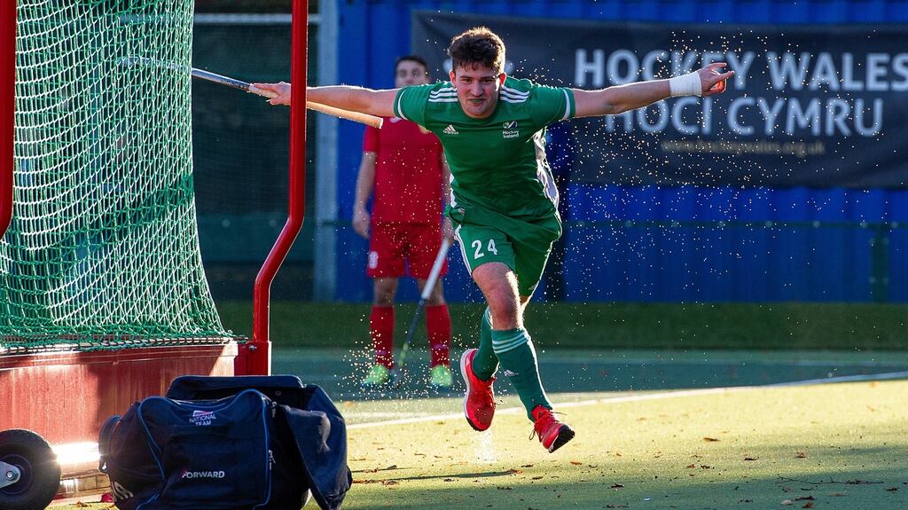 Ireland’s Ben Walker celebrates scoring his second goal of the game during the World Cup qualifier against Russia at the Sport Wales National Centre in Cardiff. Photograph: Ashley Crowden/Inpho