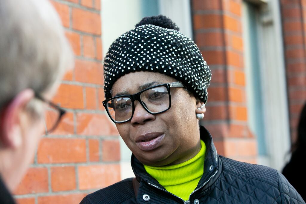 Blessing Nkencho, George Nkencho's mother, speaking outside the Coroners Court on Store Street, Dublin on Thursday. Photograph: Gareth Chaney/ Collins Photos