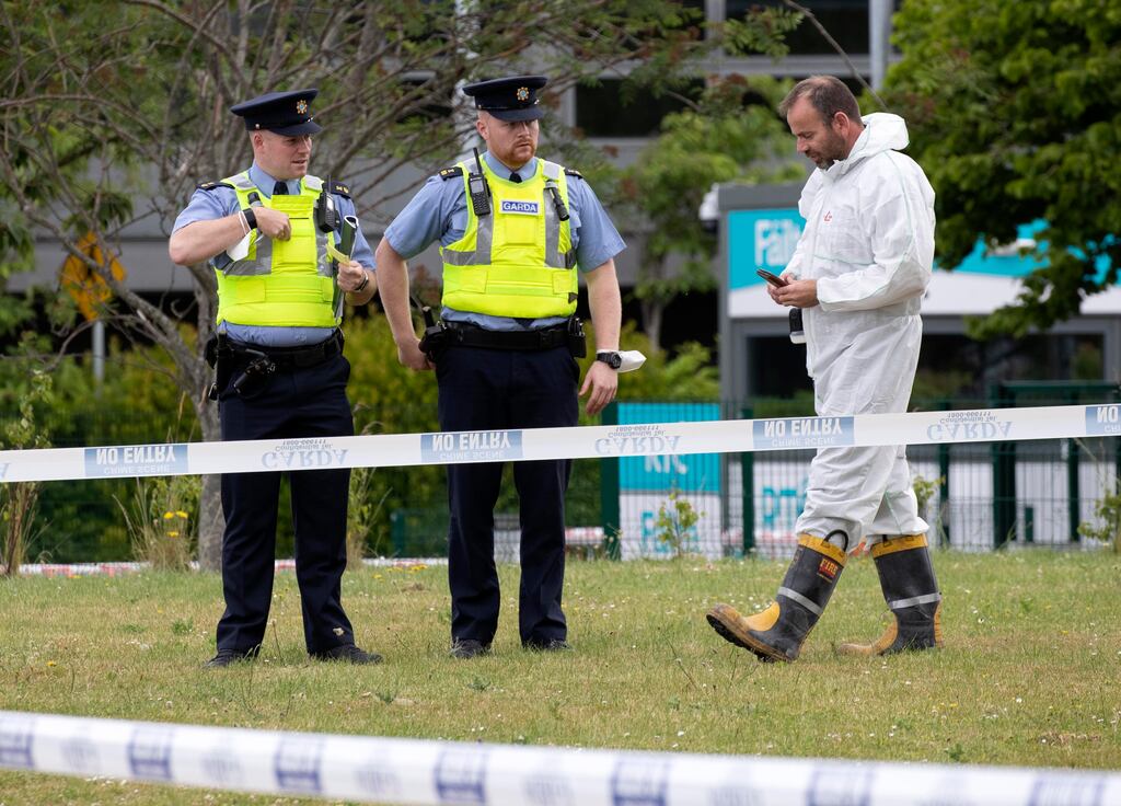 Gardaí close to the main entrance to RTÉ Studios in Donnybrook where a  body was found in undergrowth on Monday evening. Photograph: Colin Keegan / Collins Dublin