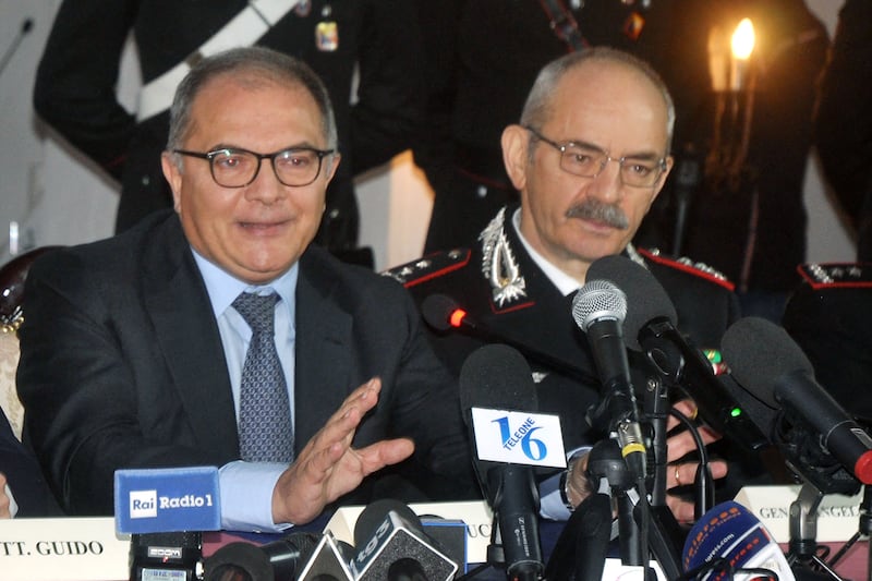 Prosecutor Maurizio De Lucia and police commander Pasquale Angelosanto at a news conference in Palermo on Mondayhafter the arrest of Matteo Messina Denaro. Photograph: Alessandro Fucarini/AFP via Getty Images