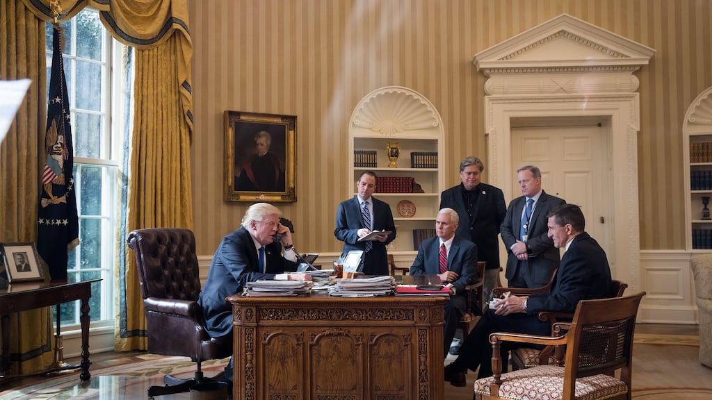 Call security: US president Donald Trump in the Oval Office with Reince Priebus, Mike Pence, Steve Bannon, Sean Spicer and Michael Flynn. Photograph: Drew Angerer/Getty
