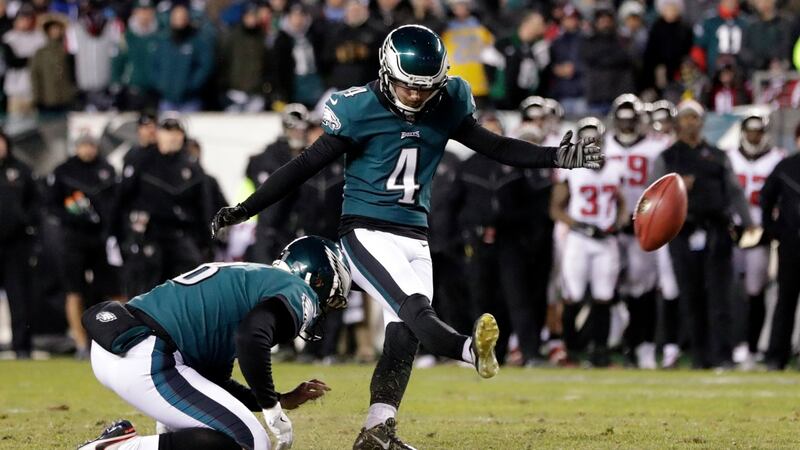 Philadelphia Eagles kicker Jake Elliott kicks a 21-yard field goal against the Atlanta Falcons during the fourth quarter in the NFC Divisional playoff game at Lincoln Financial Field in Philadelphia. Photograph: Jason Szenes/EPA