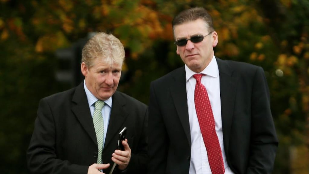 Trainer Philip Fenton (left) and solicitor Ken Molan arrive at Carrick-on-Suir District Court in Co Tipperary. Photograph: Brian Lawless/PA Wire.