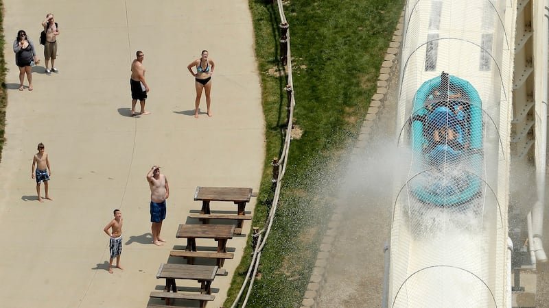 In this July 9th, 2014 file photo, riders are propelled by jets of water as they go over a hump while riding a water slide called “Verruckt” at Schlitterbahn Waterpark in Kansas City, Kansas. Photograph: Charlie Riedel/AP